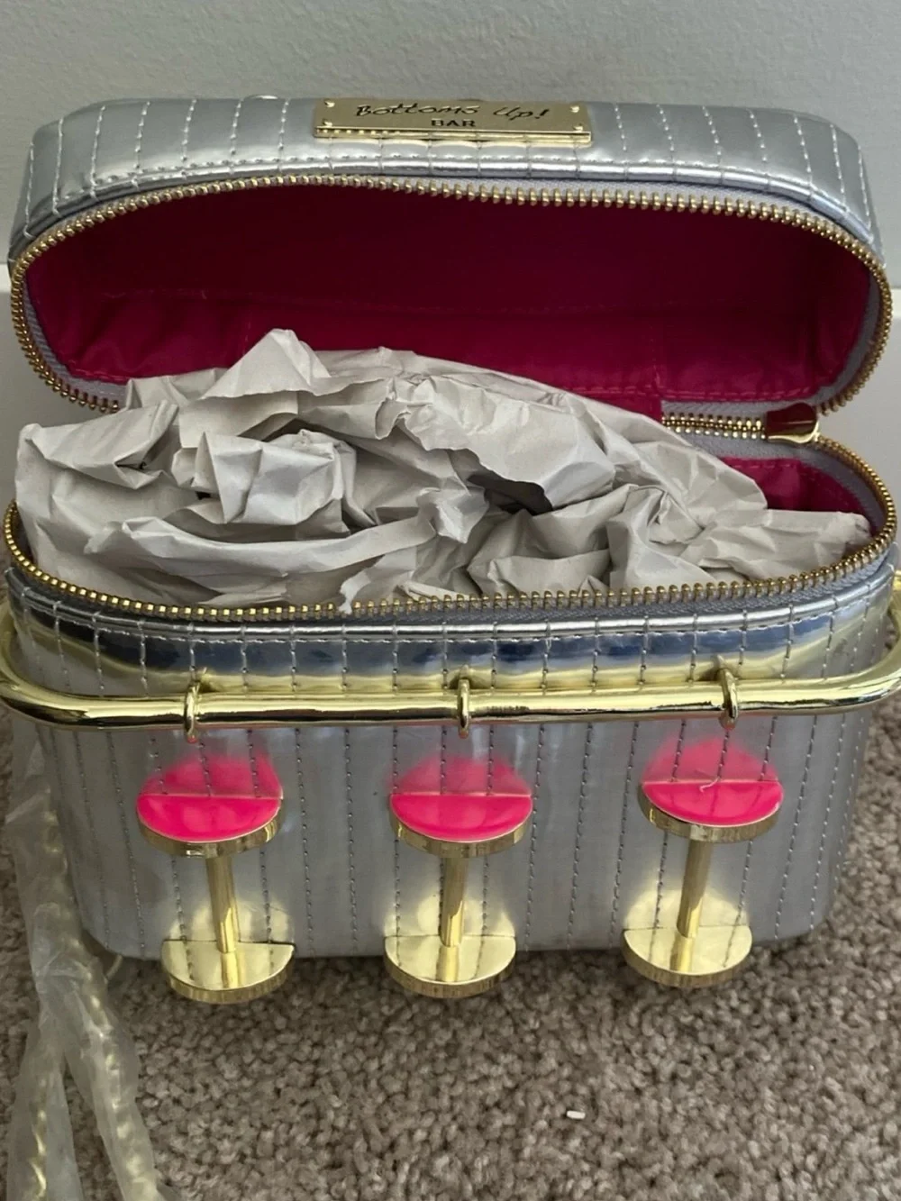 Betsey Johnson Silver Cocktail Bar Crossbody with Pink Seat Accents